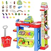 Qaba Supermarket Playset Cash Register Toy for Kids, 50 Pcs Grocery Store Pretend Play Toy with Food, Check-Out Counter, Scan