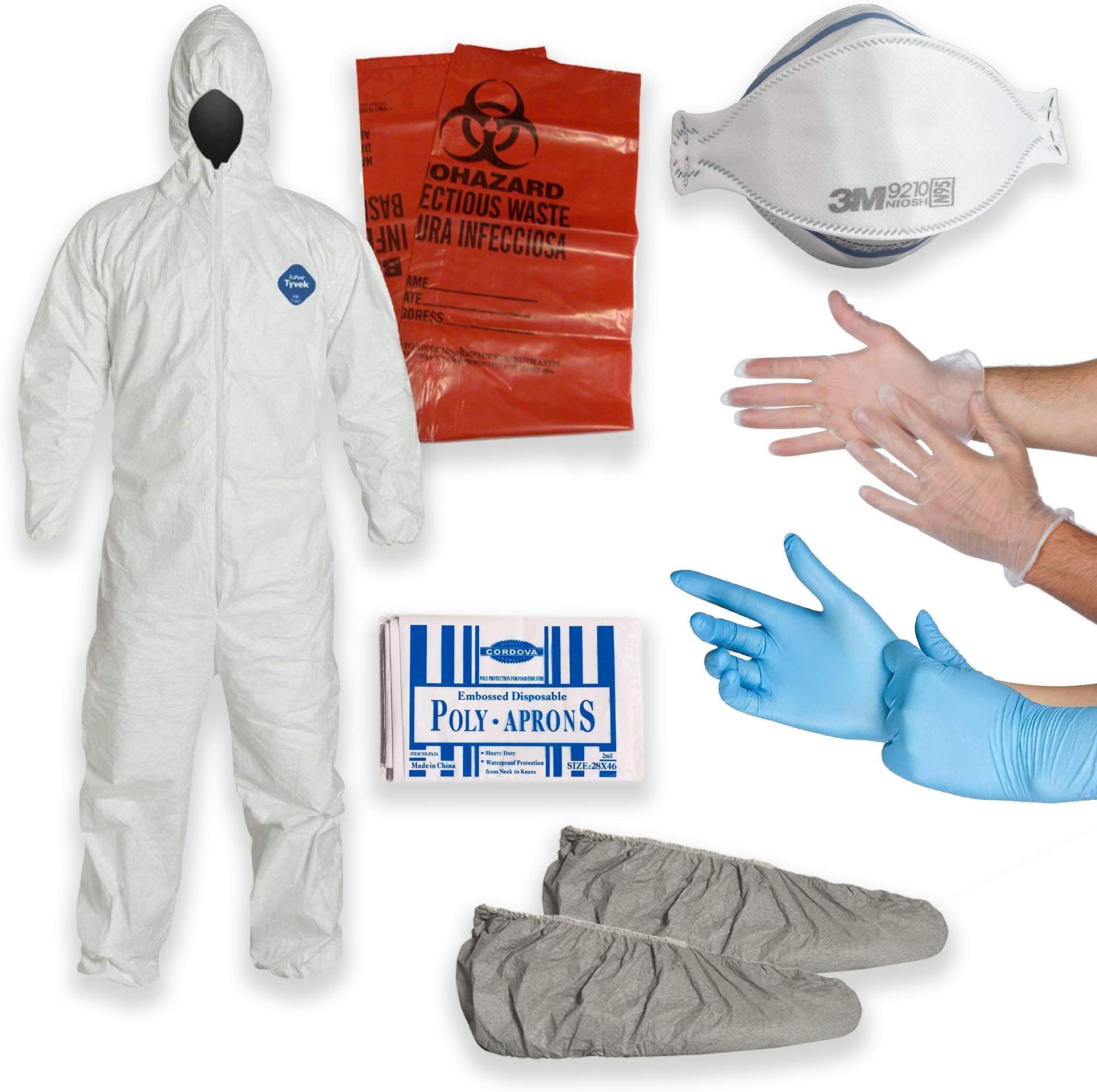 DuPont Tyvek Coverall with Multipurpose Cleanup Kit including 3M 9210 N95 Respirator Mask, Shoe Covers, Polyethylene Apron, 2 Pair of Protective Gloves, Biohazard Disposal Bag (Large)