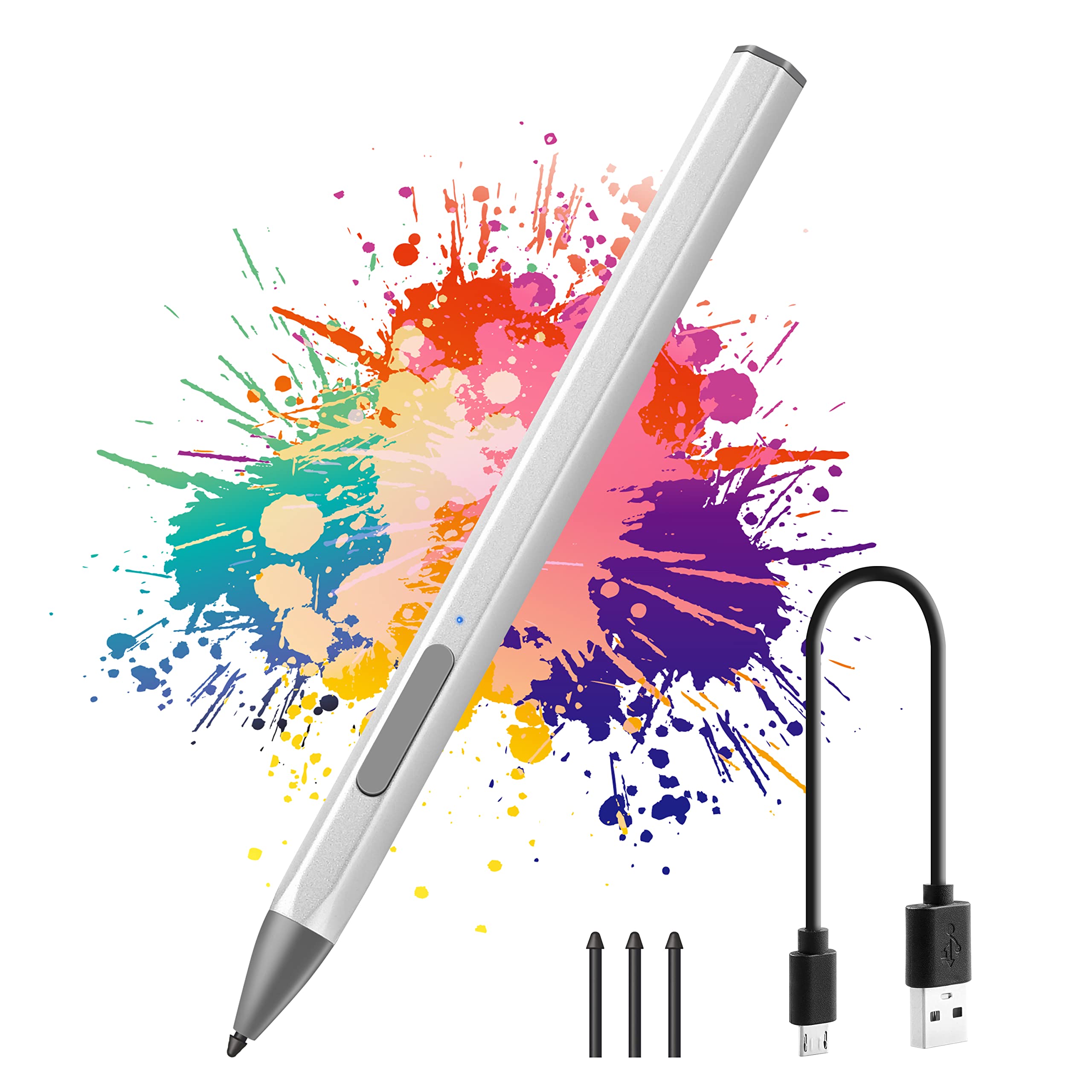 Stylus Pencil For Surface,Rechargeable Touch Screen Pen,Palm Rejection,Tilt & 4096 Levels Pressure for Microsoft Surface Pro X/8//7/6/5/4/3,Surface Book/Laptop/Studio, Surface Go 3/2/1 (Silver)