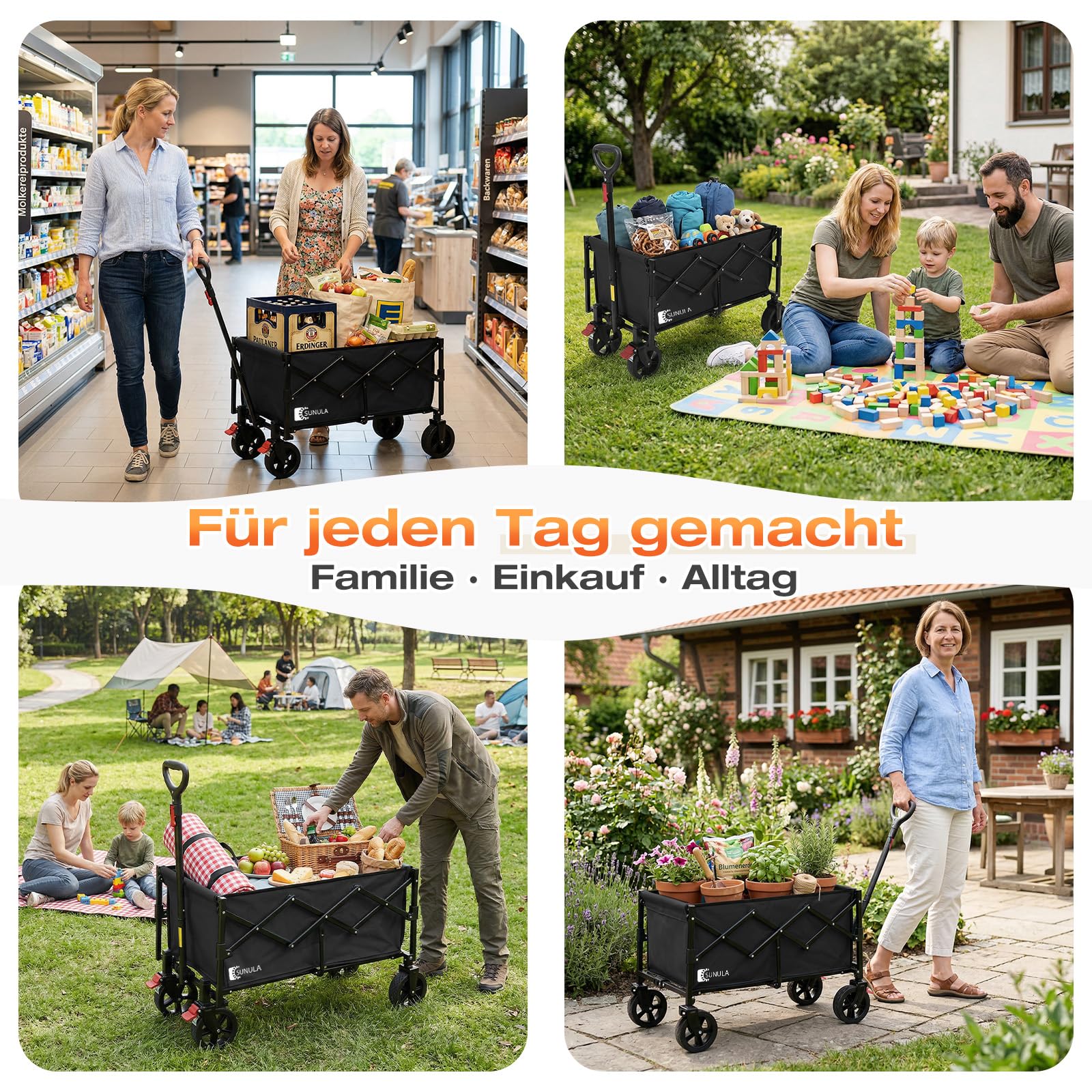 SUNULA Bollerwagen Faltbar Klein 80L 100KG, Faltbarer Bollerwagen Klappbarer Handwagen mit Halbiertem Eigengewicht, Faltbollerwagen Geländegängig mit Bremsen, Schwarz 7