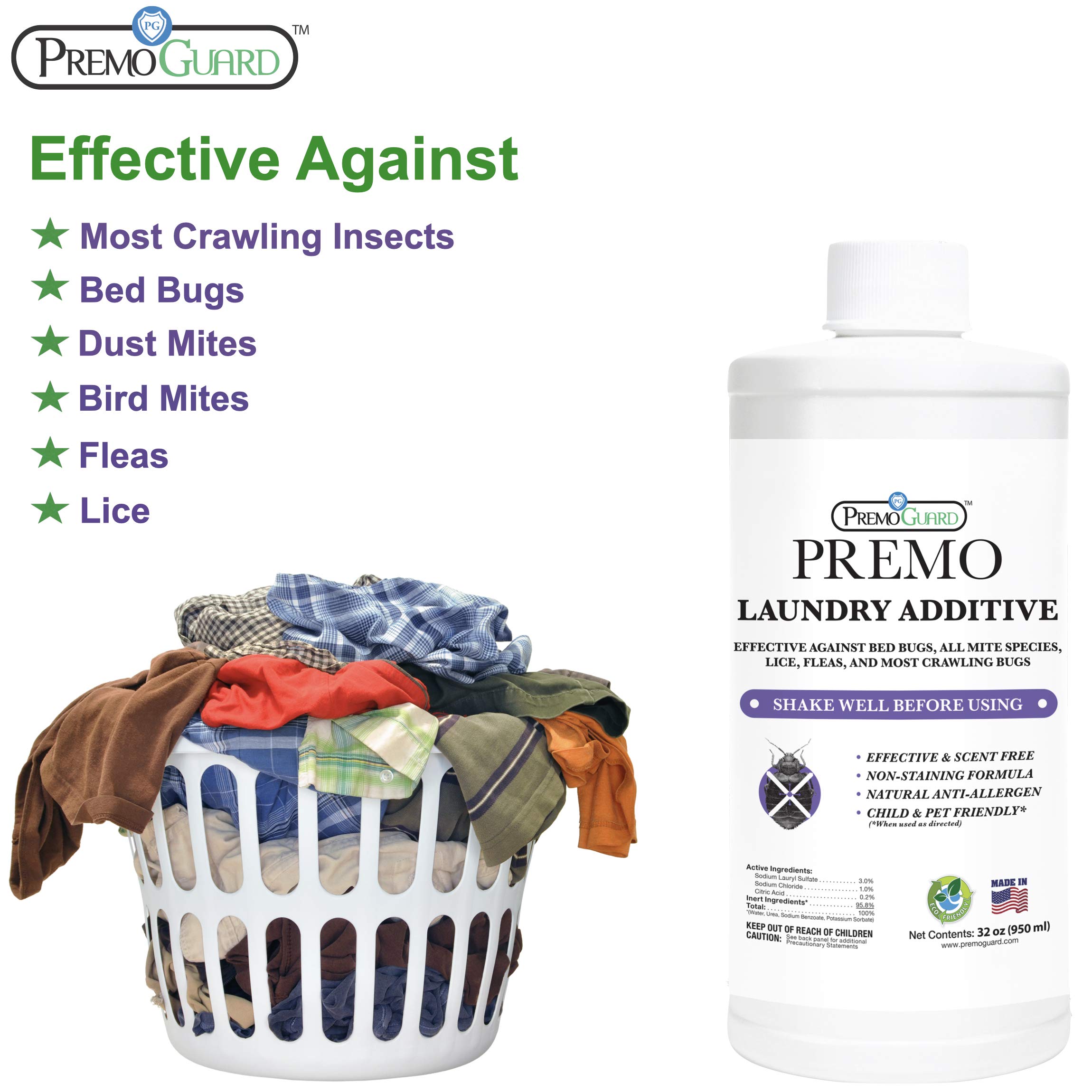 Premo Guard Bed Bug & Mite Laundry Detergent Additive 32 oz – Child & Pet Friendly – Stain & Odor Free – Best Natural Non-Toxin Treatment