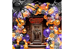Gojmzo Halloween Balloon Garland Arch Kit, Purple Orange and Black Confetti Balloons with Spider Web Bats for Halloween Party Decorations, Halloween Decorations Indoor Outdoor