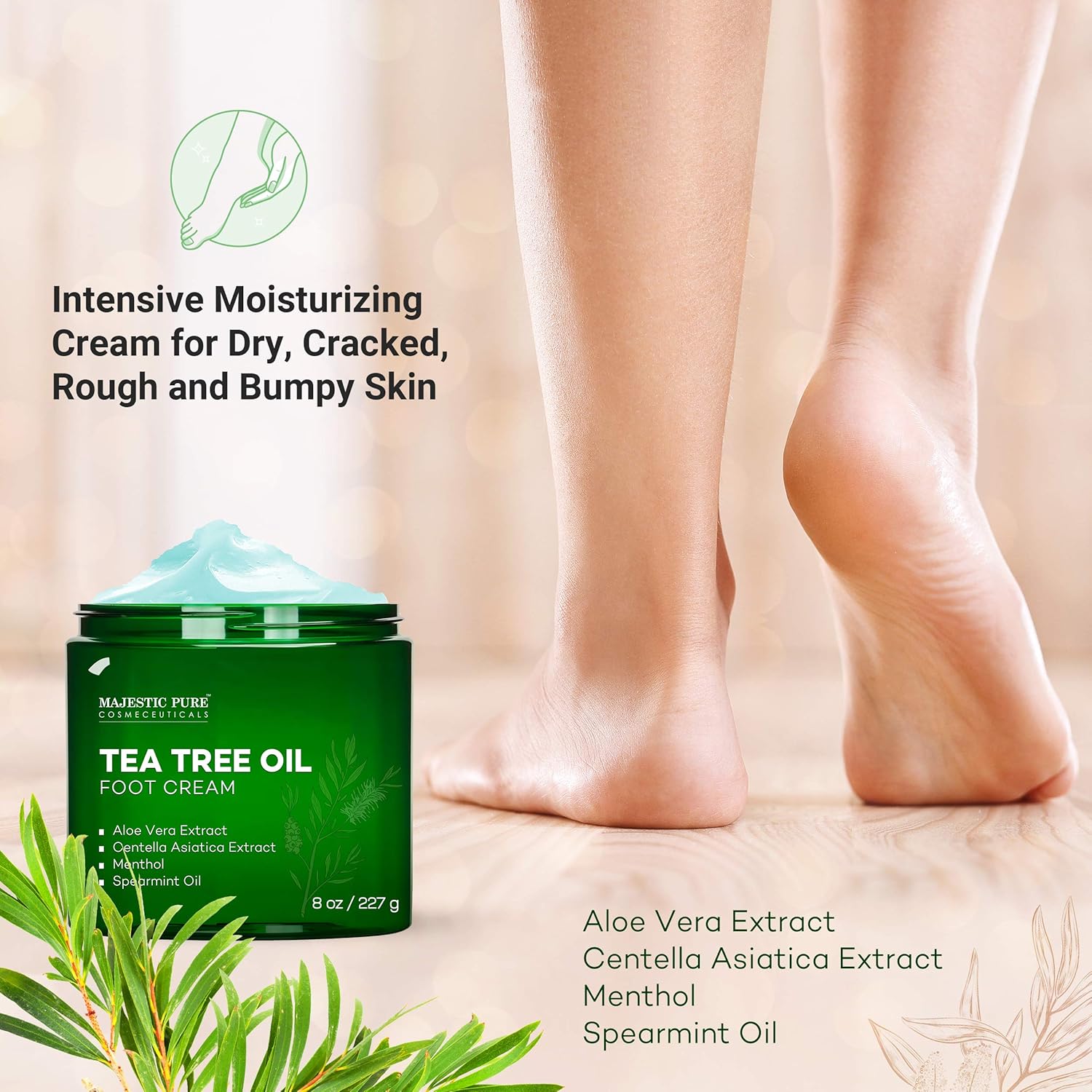MAJESTIC PURE Athletes Foot Cream with Tea Tree Oil, Aloe & Spearmint - Hydrates, Softens & Conditions Dry Cracked Feet, Heel and Calluses, - Helps Soothe Irritated Skin - 8 oz : Beauty