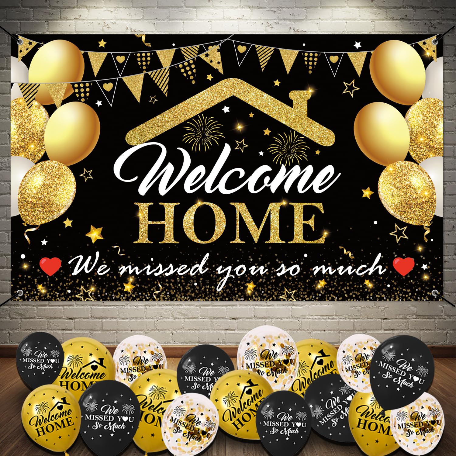 Welcome Home Decorations Kit - 5.9x3.6Ft Welcome Home Banner, 18PCS 'Missed You' Balloons - Military Homecoming Party Supplies in Black & Gold