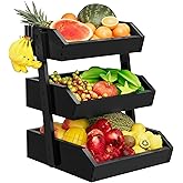 Bamboo 3 Tier Fruit Basket For Counter, Large Capacity Fruit Storage Countertop, Fruit Holder, Wooden Pantry Organizers and Storage, Kitchen Countertop Organizer With Two Banana Hangers (Black)