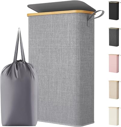 Lifewit 65L Slim Laundry Basket with Lid Narrow Foldable Clean Gray