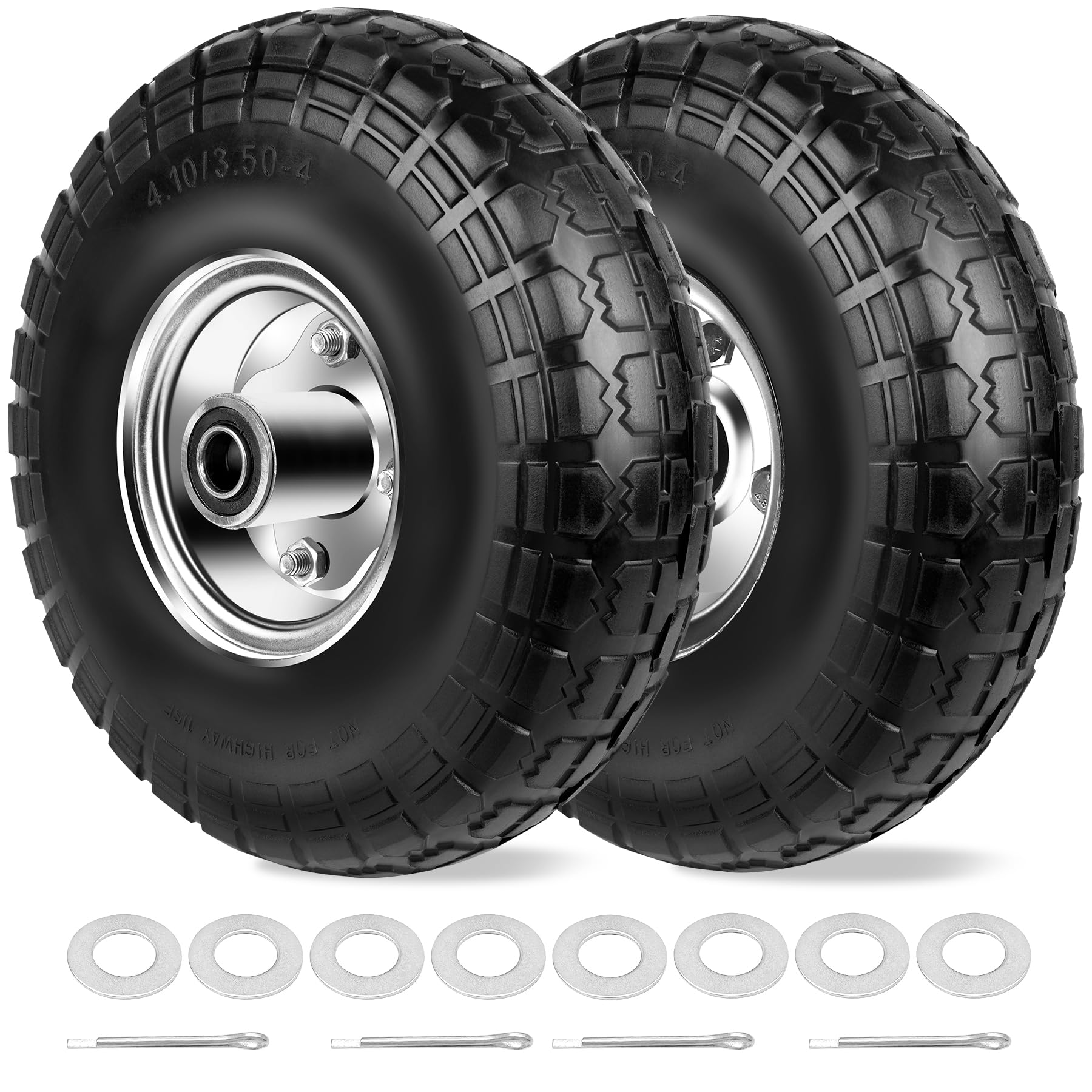Photo 1 of phepetroll 4.10/3.50-4 Tires and Wheels Flat Free 10 Inch Solid Tires Replacement with 5/8" Axle Bore Hole, 8 Spacers 4 Pins, for Cart, Garden Wagon, Wheelbarrow, Hand Truck, Trolley, Lawn Mower, 2P