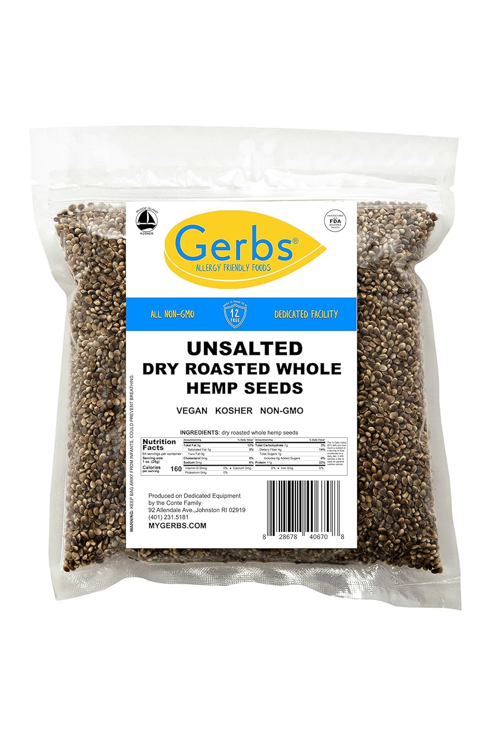 Unsalted Whole Hemp Seeds 4 LBS by Gerbs - Top 14 Food Allergy Free, 100% All Natural, Vegan, Keto Safe & Kosher. Made in America