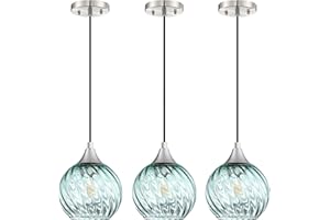 CJY CHENJINYAN 1 Light Hanging Indoor Kitchen Island Pendant Light 6.3" Stripe Wave Glass Pendant Ceiling Light Fixture,Brushed Nickel Finish Modern Farmhouse Dinning Over Sink (Green Glass, 3 Pack)
