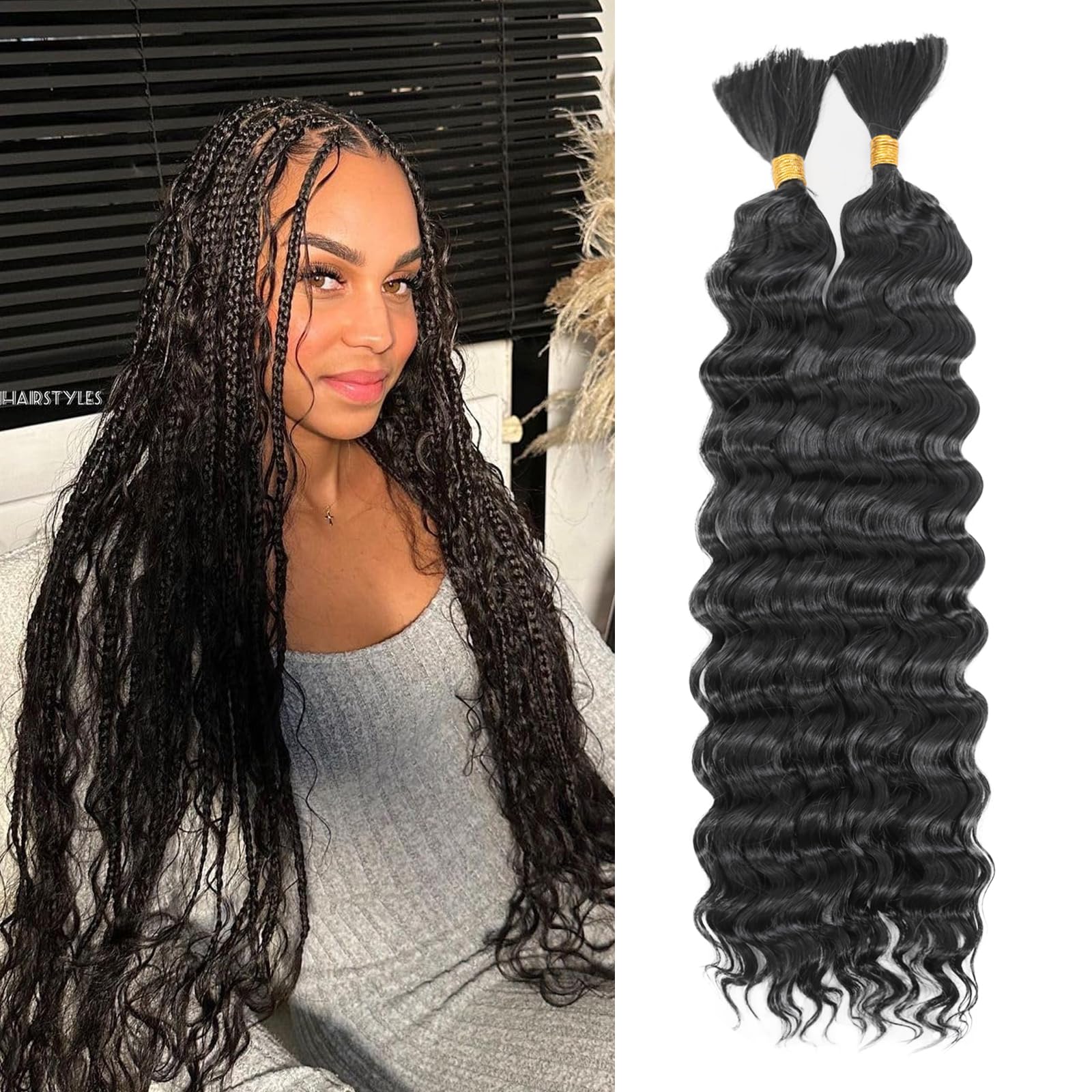 YYQXZG Deep Wave Bulk Ombre Hair for braiding 16 Inch No Weft Synthetic Curly Braiding Hair Extentions for Boho Braids (2bundles,100g,1B) — image 1