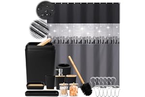 XLHOMO Black Bathroom Accessories with Glitter Shower Curtain,10 Piece Bathroom Sets with Shower Curtain Set Bathroom Set Black Shower Curtain with Bathroom Trash Can