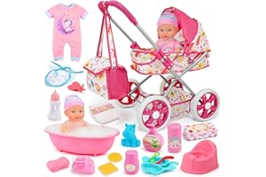 QIRPTEY Baby Doll Stroller Set Toys for Girls Toddlers 3-5 4-6 5-7, Baby Doll Playset with 12.5 inch Doll, Bathtub and 20PCS Baby Doll Accessories, Baby Stroller Toys for 3 4 5 6 Year Old Girls Birthday Gift
