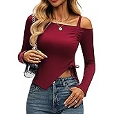 BESTPOEM Womens Off The Shoulder Tops Asymmetrical Neck Ruched Cropped Top Going Out Long Sleeve Slim Fit Tee Shirt