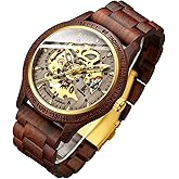 IK COLOURING Men's Watches Luxury Mechanical Wooden Case Skeleton Lumious Automatic Self-Winding Lightweight Genuine Leather Bracelet/Wood Band Wrist Watch
