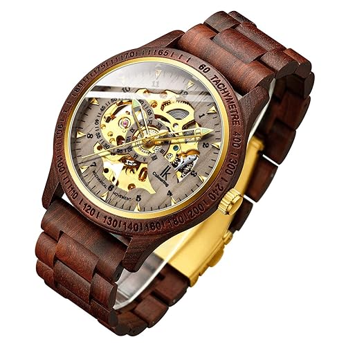 IK COLOURING Men's Watches Luxury Mechanical Wooden Case Skeleton