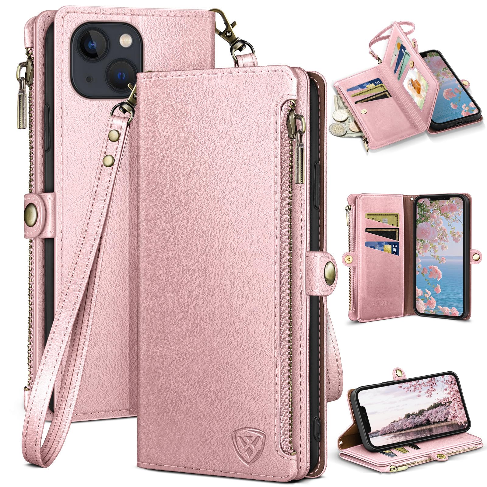 Photo 1 of XcaseBar for iPhone 13 6.1" Wallet case with Zipper Credit Card Holder?RFID Blocking?, Flip Folio Book PU Leather Phone case Shockproof Cover Women Men for Apple 13 case Rose Gold