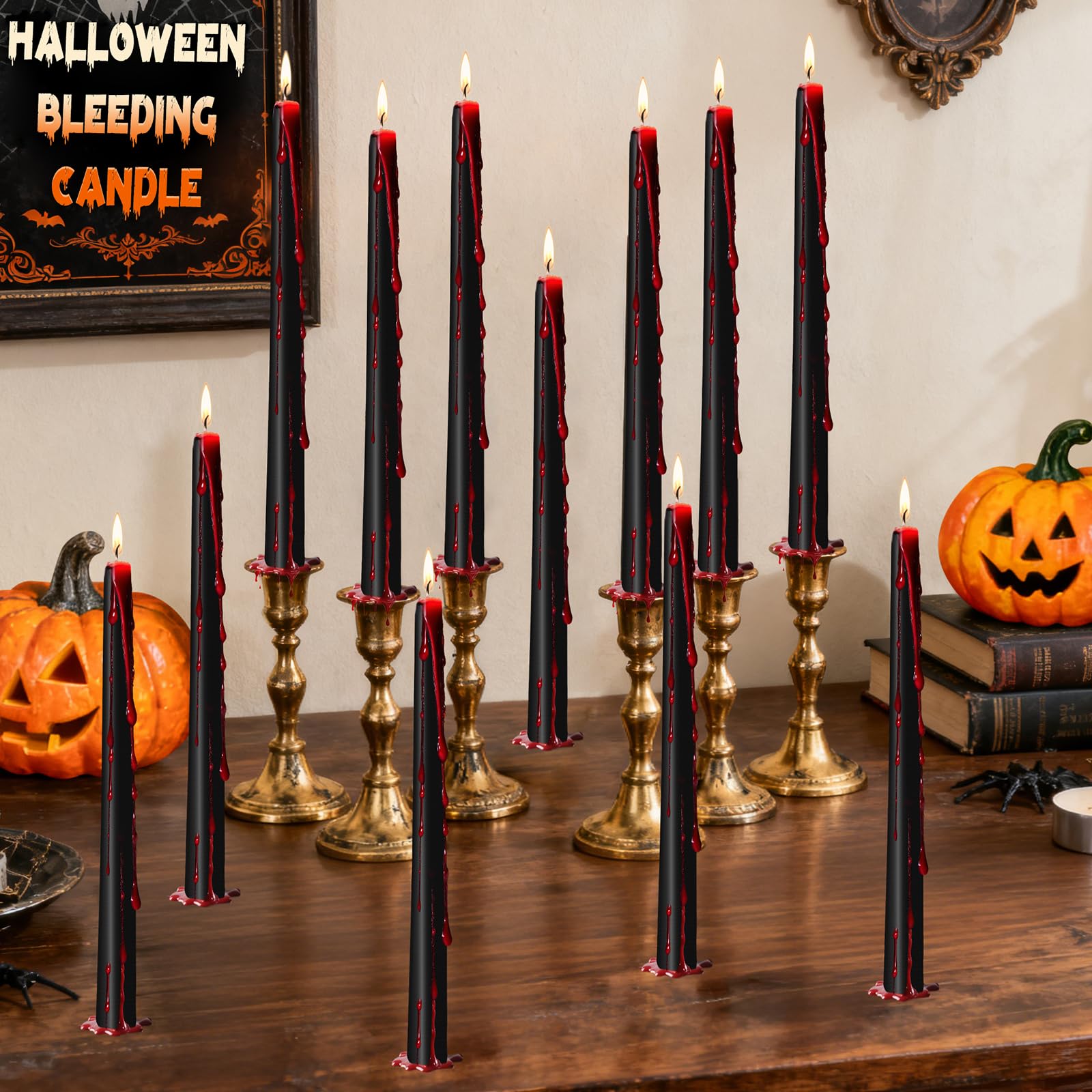 Photo 1 of 12 Pack Halloween Black Bleeding Candles, 10 inch Tall Vampire Tears Gothic Taper Candles, Perkisboby Unscented Blood Drip Candles for Home Decor, Spooky Parties