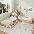 SOFTSEA L-Shaped Twin Size Bed with Trundle and 2 Storage Drawers, 3 in 1 Low Corner Platform Bed Frame with Desk and Led Downlight for 3 Kids, Wood L-Shaped Bed with Bookcase, Easy Assembly, Natural