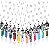Sureio 12 Pcs Healing Crystal Stone Necklace Hexagonal Spiritual Pendant Natural Gemstone Healing Flower Wrapped Crystal Point Quartz Point Necklace with Chain for Women