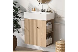 Merax 20 Inch Bathroom Vanity, Floating Sink Vanity Combo, Modern Wall Mount Bathroom Cabinet with Ceramic Integrated Sink for Small Space,Natural