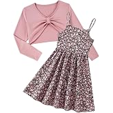 Kimoda Girls 2 Piece Dresses with Cardigan, Printed Sundress for 5-14 Years | Wear as a Set, or Mix & Match, Bow Cardigan, Floral/Butterfly Print Adjustable Cami Dress, Pull-On Style for All-day Comfort