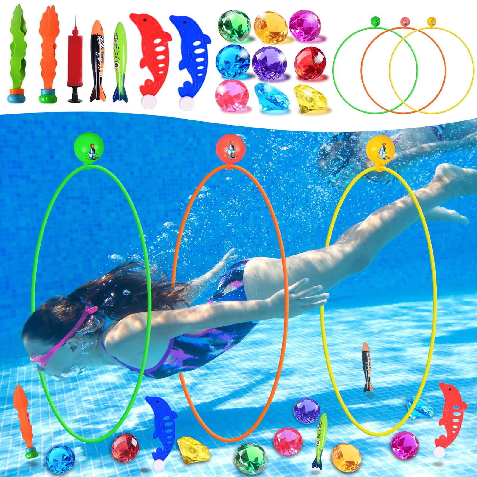 Photo 1 of EnriQ Pool Toys Diving Rings Swim Thru Rings Pool Game Swim Toys with Dive Ring Underwater Diving Gems Fish Diving Toys for Boys Girls Teens Adults