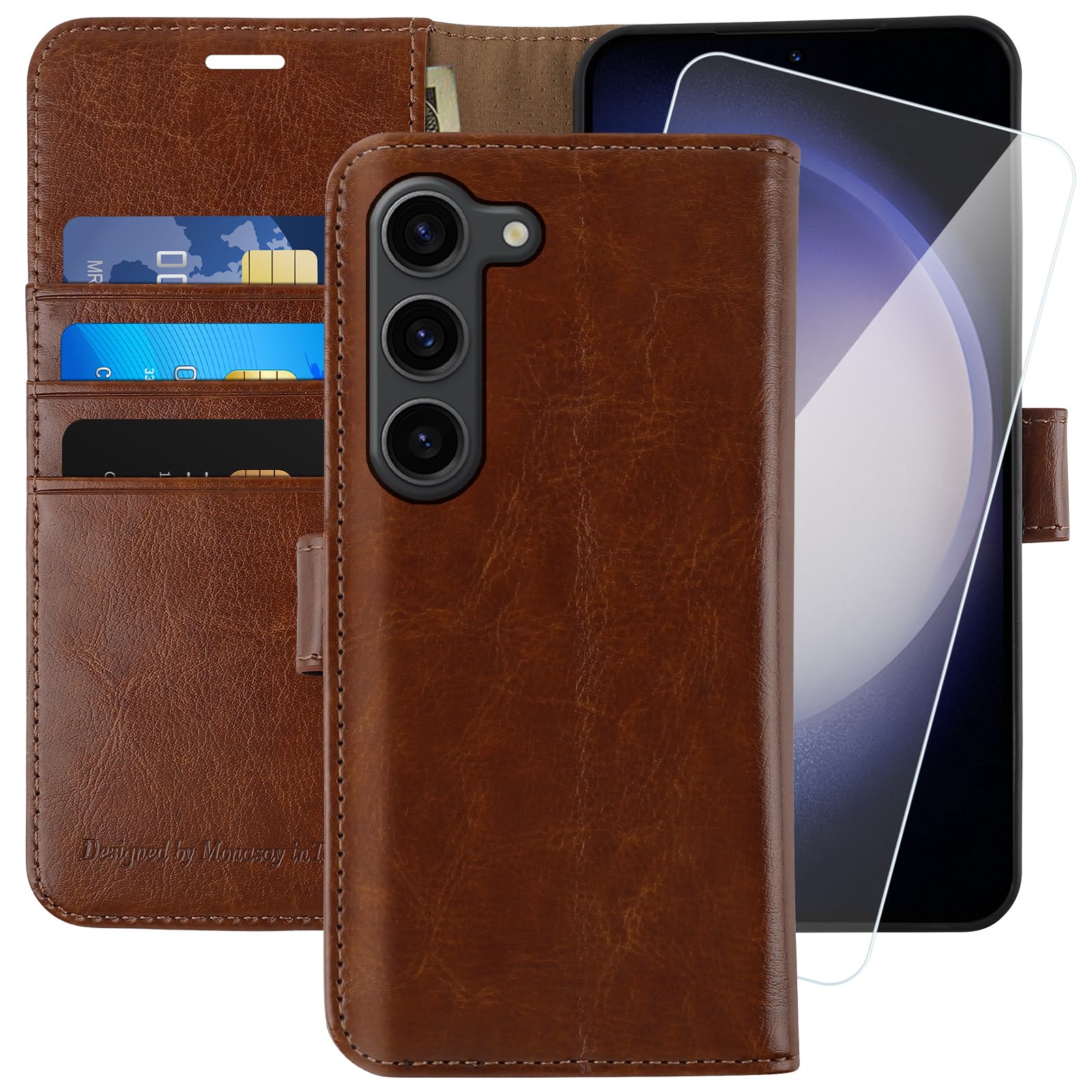 Photo 1 of MONASAY Wallet Case Compatible for Galaxy S23 5G,[RFID Blocking] Flip Folio Leather Cell Phone Cover with Credit Card Holder, 6.1 inch, Brown