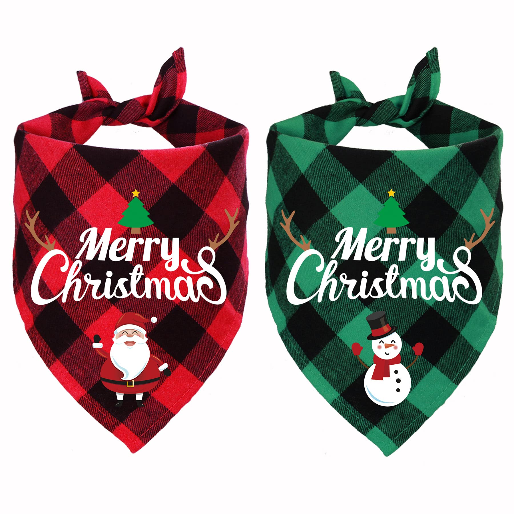 STMK 2 Pack Plaid Dog Bandanas, Christmas Plaid Dog Bandanas for Large Medium Dogs Christmas Costume Decorations (Red & Green, Santa & Snowman)