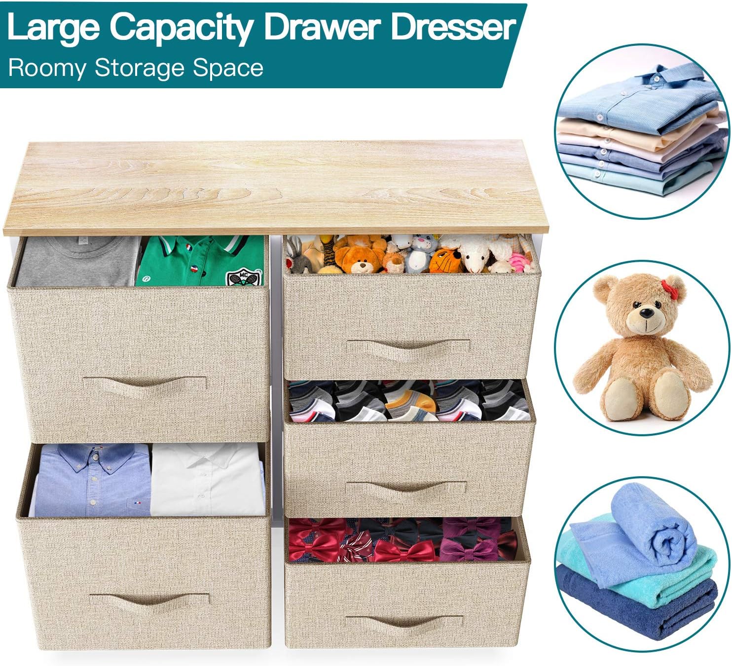 Fabric Dresser with 5 Drawers, Vertical Wide Dresser Storage Tower, Organizer Unit with Wood Top and Easy Pull Handle for Closets, Living Room, Nursery Room, Hallway by Pipishell: Home Improvement
