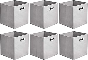 AmazonBasics Collapsible Fabric Storage Cubes with Oval Grommets - 6-Pack, Light Grey