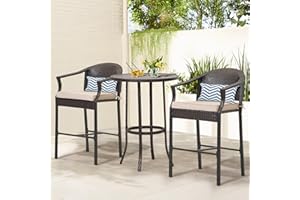 FHFO 3 Piece Outdoor Patio Heigh Bar Table and Chairs Set, Wicker Bar Height Bistro Table Set of 2, All-Weather Rattan Height Bar Stools w/Cushions & Metal Table Top for Porch, Garden, Balcony-Beige