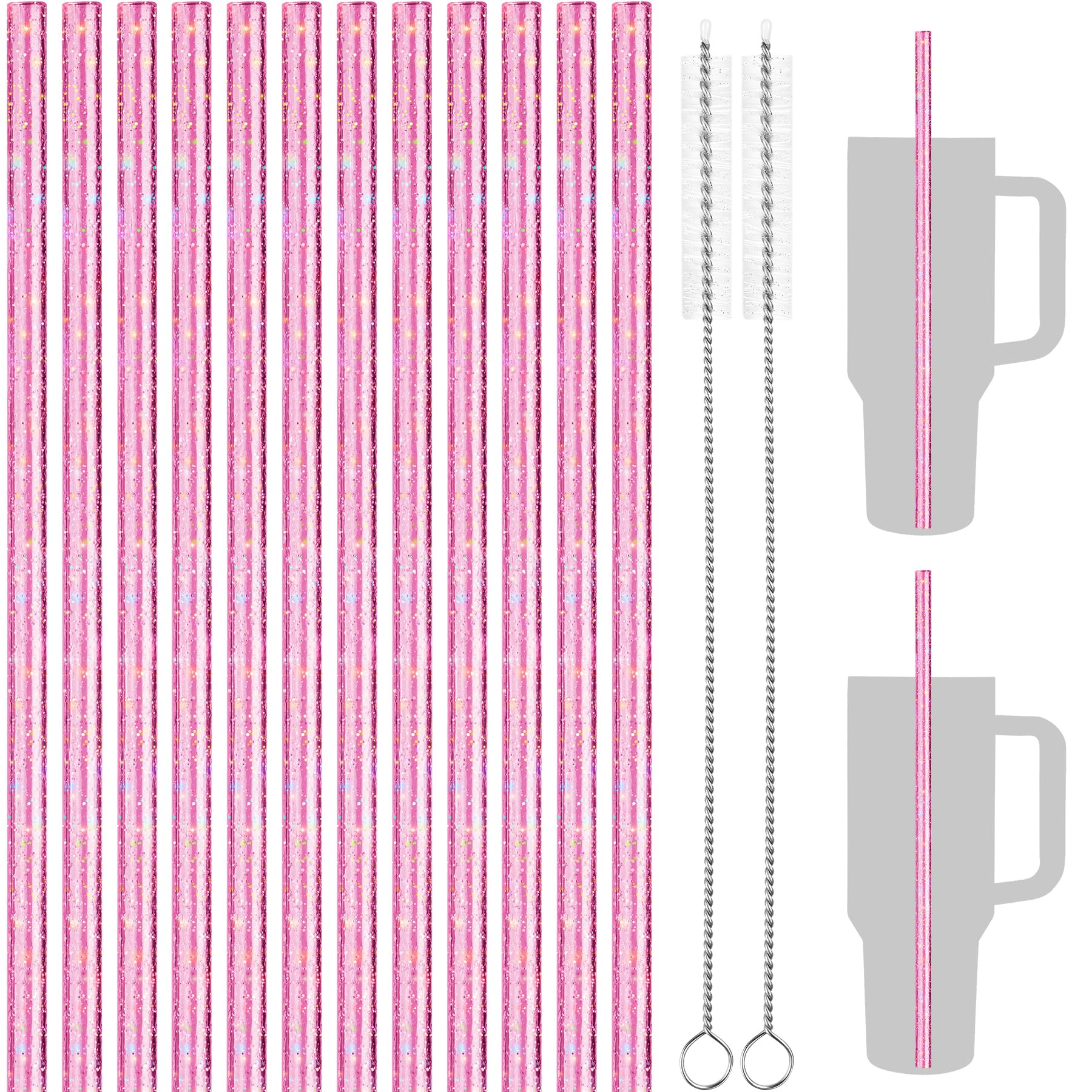 NiHome 12-Pack Glitter Replacement Straws for Stanley Tumbler 40OZ & 2 Cleaning Brushes Set, 12" Length BPA-Free Durable PETG Material for Various Beverages & Cups, Adds Sparkle to Your Drinks (Pink)