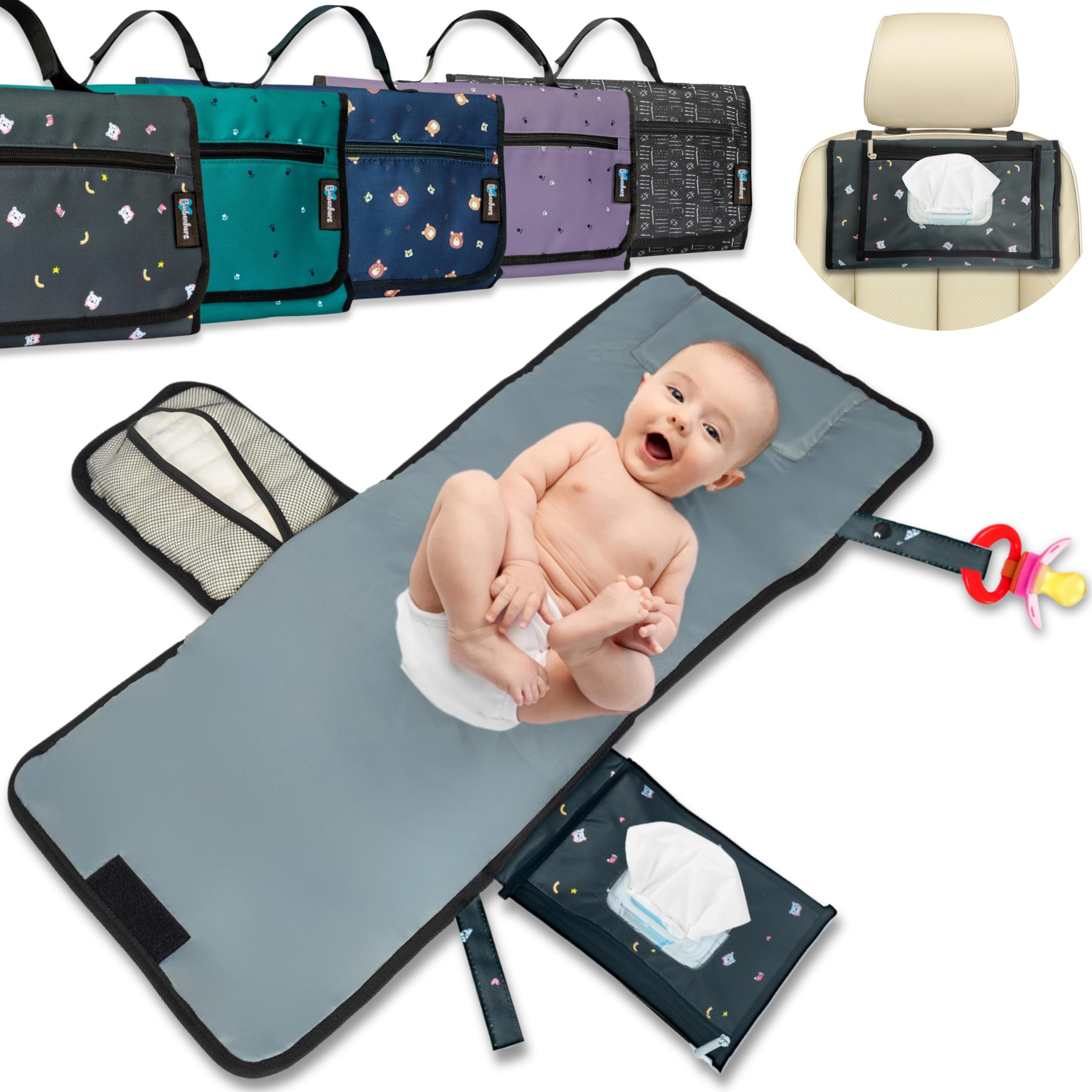 BUBENHERZ Grey Bear Nappy Bag – Wrap up to Toddlers with Comfort XL Hygiene Changing Mat for on the Go – Non-Slip Wet Wipe Compartment for All Sizes – Changing Bag Organiser