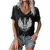 TOTWOW Women's Cut Out V Neck T-Shirts Boho Floral Graphic Tee Summer Cold Shoulder Short Sleeved Tops