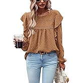 PRETTYGARDEN Women's Long Sleeve Shirts Ruffle Swiss Dot Crochet Loose Fit Tunic Dressy Casual Tops Blouses Spring Fashion