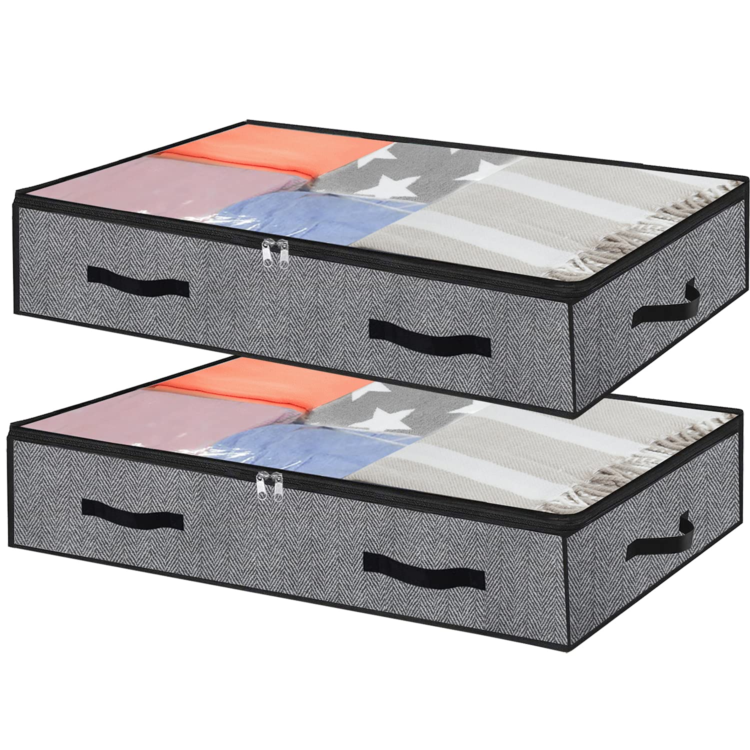 Bermondsey Division UK Pack of 2 Heavy Duty Extra Large Underbed Storage Bags with Clear Window, Foldable Fabric Underbed Storage Bag with 4 Reinforced Handles