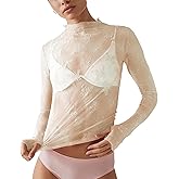 Ugerlov Women's Long Sleeve Mesh Top Mock Neck Sheer Blouse See Through Floral Lace Tops