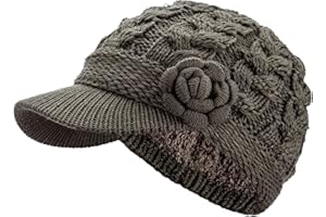 BE YOUR OWN STYLE Womens Winter Elegant Cable Flower Knitted Newsboy Cabbie Cap Beret Beanie Hat with Visor, Warm Plush Fleece Lined