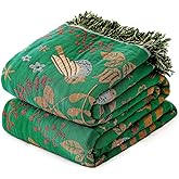 Green Fall Blanket 60''x 80'' Boho Throw Blankets for Couch Bed Chair,100% Cotton Quilts Christmas Warm Soft Blanket Muslin Bed Blankets Farmhouse Decoration
