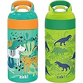 Zak Designs 16oz Riverside Kids Water Bottle with Spout Cover and Built-in Carrying Loop, Made of Durable Plastic, Leak-Proof Water Bottle Design for Travel (Dino Camo & Safari, Pack of 2)