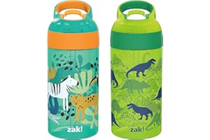 Zak Designs 16oz Riverside Kids Water Bottle with Spout Cover and Built-in Carrying Loop, Made of Durable Plastic, Leak-Proof Water Bottle Design for Travel (Dino Camo & Safari, Pack of 2)