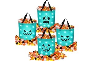 Tanlade 4 Pcs Light up Halloween Trick or Treat Bucket Reusable LED Halloween Glow in The Dark Goody Candy Tote Bag Basket for Party Favor Supplies(Teal,Classic Style)