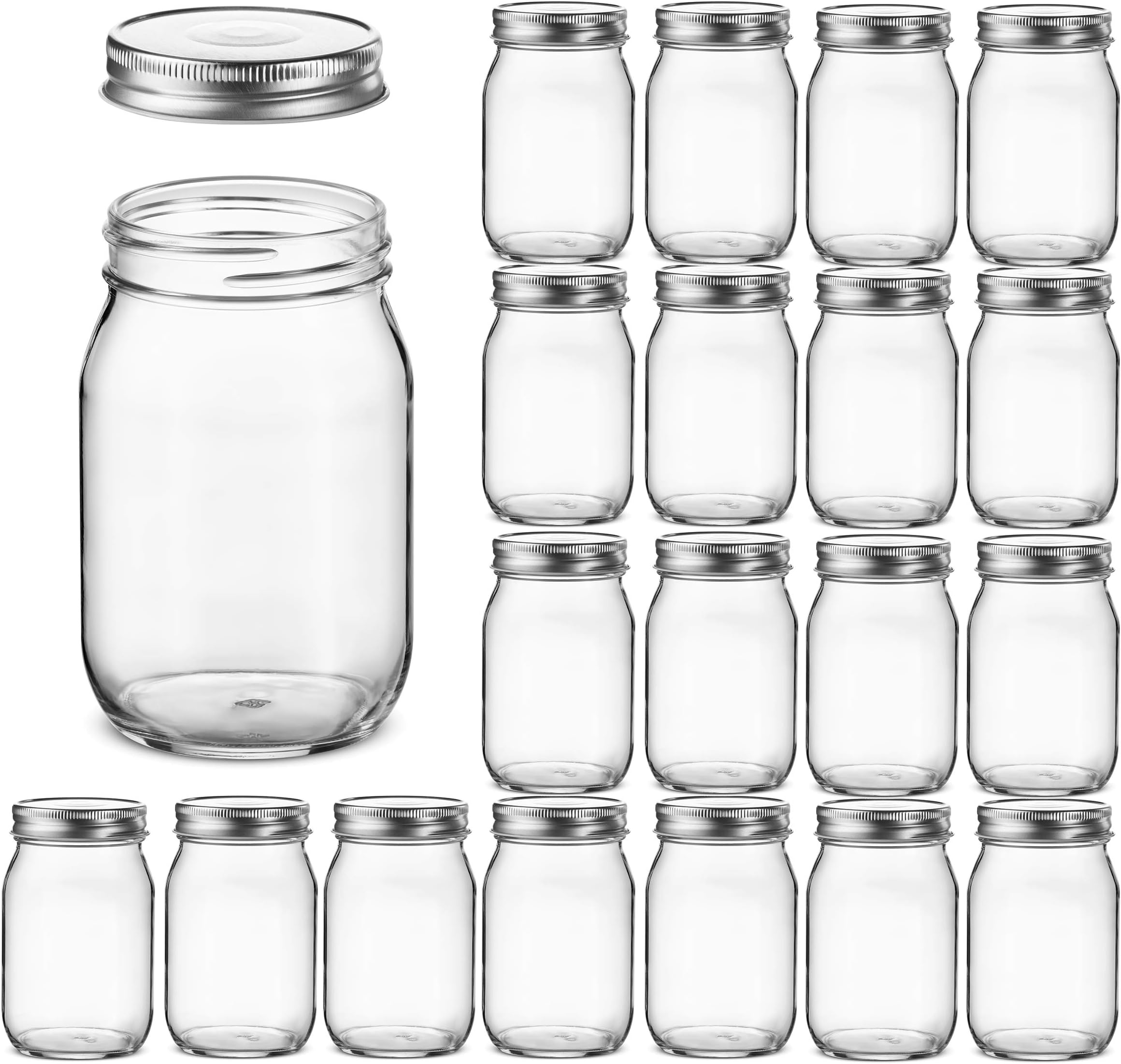 Glass Regular Mouth Mason Jars, 16 Ounce Glass Jars with Silver Metal Airtight Lids for Meal Prep, Food Storage, Canning, Drinking, Overnight Oats, Jelly, Dry Food, Spices, Salads, Yogurt (20 Pack)