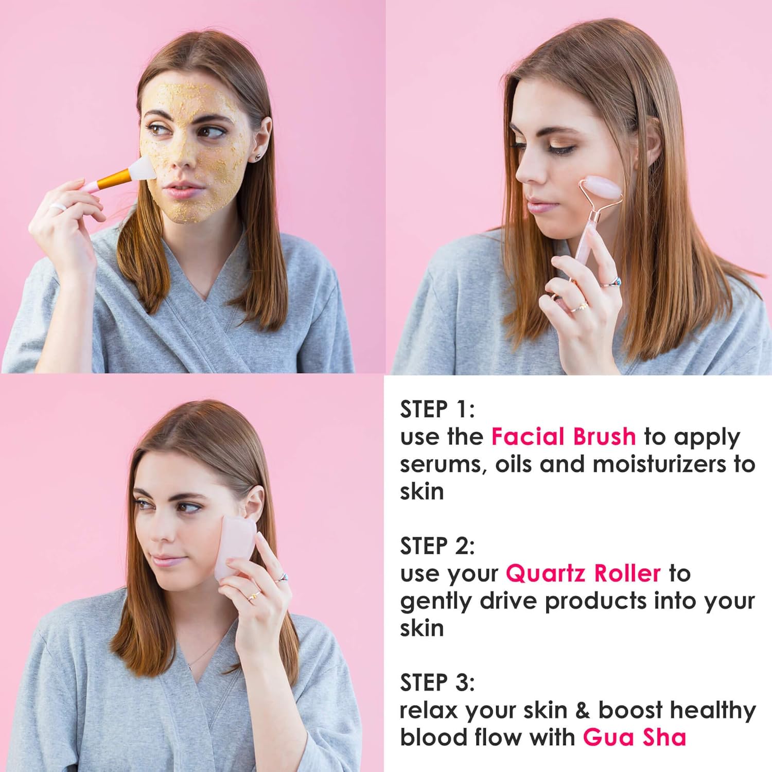 Original Jade Roller and Gua Sha Set - Jade Roller For Face - Face Roller: 100% Natural Rose Quartz - Face Massager for Wrinkles, Anti Aging Facial Roller - Authentic, Durable, Noiseless Design : Beauty