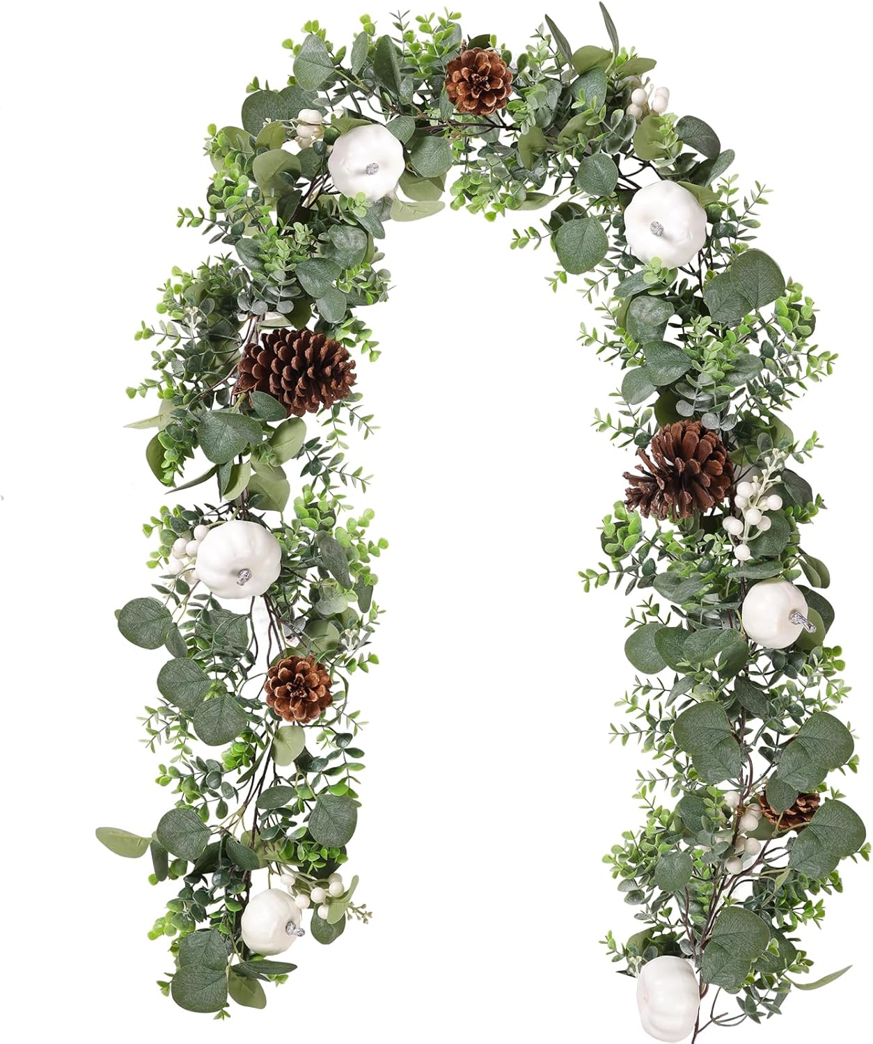 Wreaths, Garlands & Swags - CEWOR 5.9FT White Pumpkin Garland Artificial Eucalyptus Garland with White Pumpkins Pinecones Berries Fall Foliage Garland for Wedding Arch Backdrop Thanksgiving Table Runner Farmhouse Décor