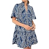 Womens Summer Mini Dress V Neck Short Sleeve Blue Floral Sundress Flowy Swing A Line Casual Dress