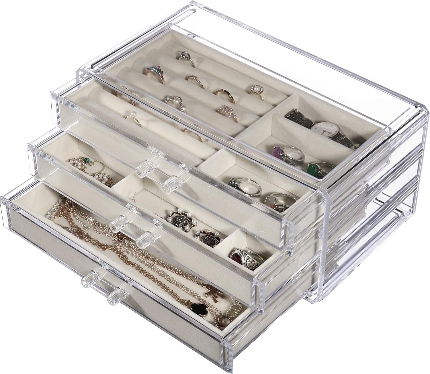 Clear Acrylic Jewelry Box With 3 Drawers,Velvet Jewellery Organizer for women, Earring Holder Rings Case Necklaces Bracelets Accessory Holder Organizer For Vanity Dresser,By Cq acrylic: Home Improvement