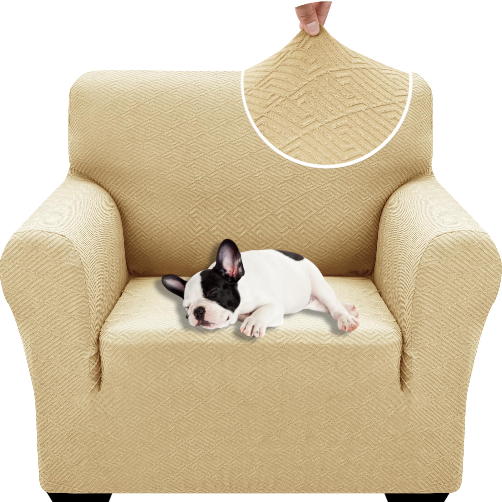 XINEAGE High Stretch Armchair Covers Lastest Jacquard Sofa Covers 1 Seater for Living Room 1 Piece Chair Covers with Elastic Bottom Non Slip Sofa Slipcovers for Pets Kids (1 Seater, Beige)