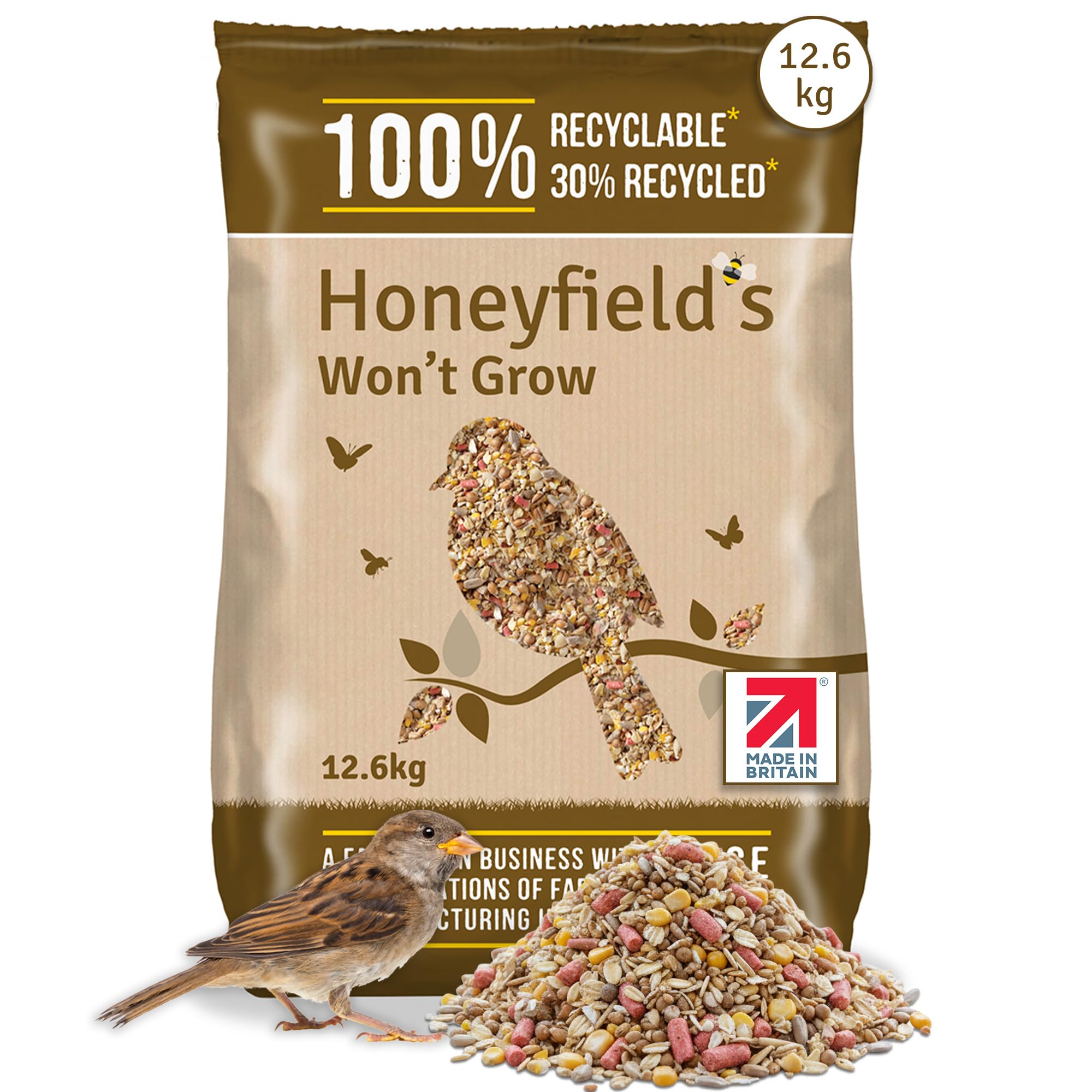 No Grow Bird Seed Mix for Wild Birds - Wild Bird Food for Small Birds for Patios and Non-Grass Areas, Kibbled Sunflower Hearts, Kibbled Peanuts, Ground Feeding and Bird Tables (12.6kg) - Honeyfield’s