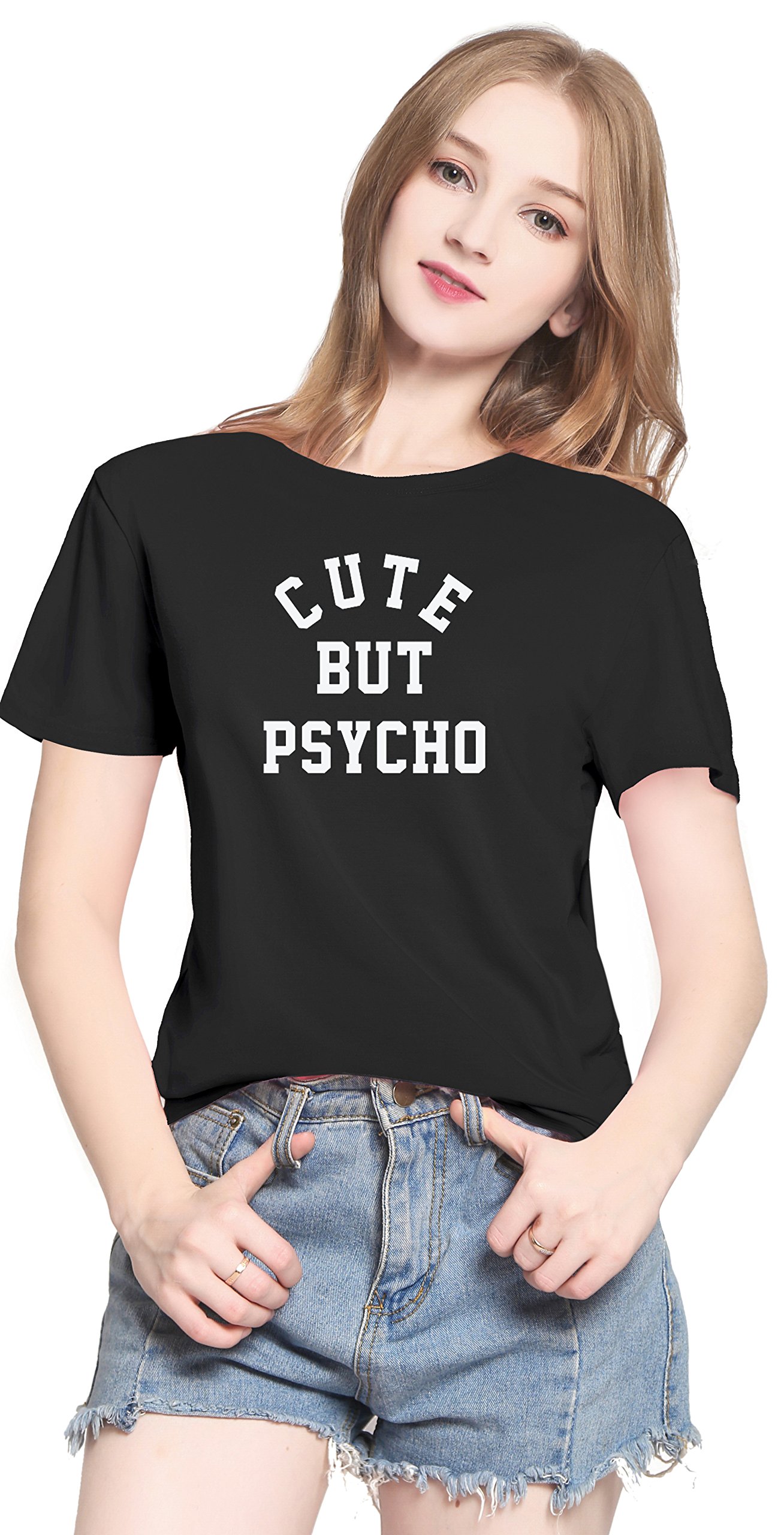 PINJIA Womens Cute Letter Printed Graphic Funny Tshirts Top Tees(MX15)(XXL,Black Cute But Psycho)